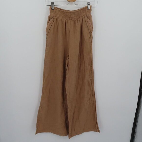 Aerie Women Small Brown Wide Leg Slit Slip On Pants Pockets Ruched Waistband - Picture 15 of 15